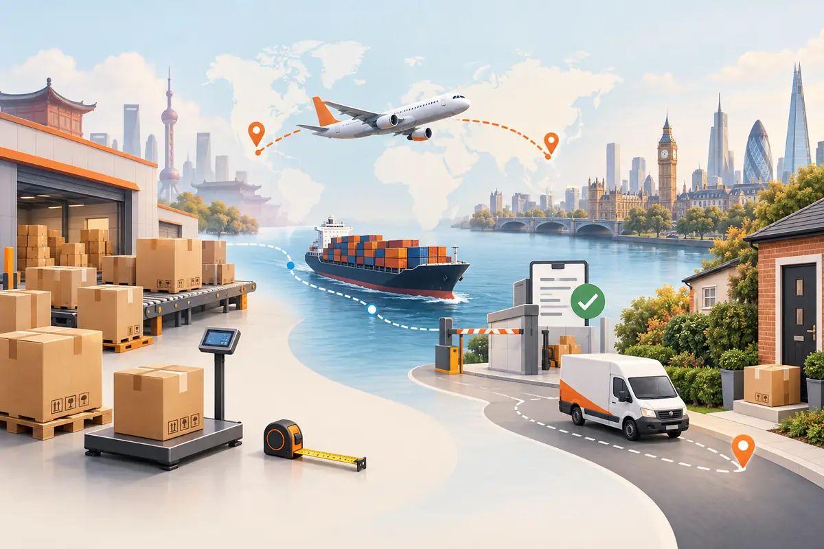 中国仓库合箱后通过空运或海运寄往英国的流程示意图
